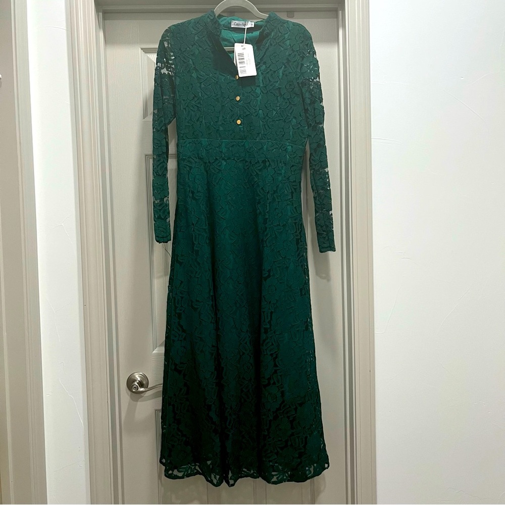 Coeur de Vague Forest Green Long Sleeved Lace Overlay Maxi Dress Size 10 NWT